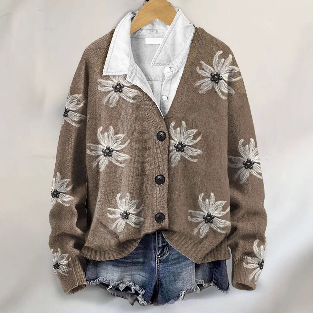 Brown 3D floral print coat for women – soft and warm autumn winter outerwear.
