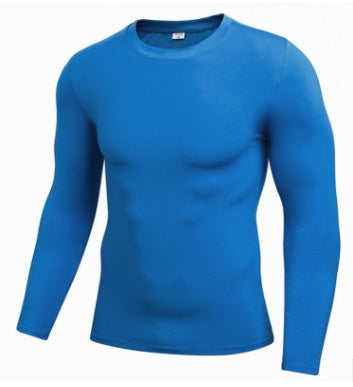 Men’s blue long sleeve compression shirt — breathable and stretchable fitness wear.