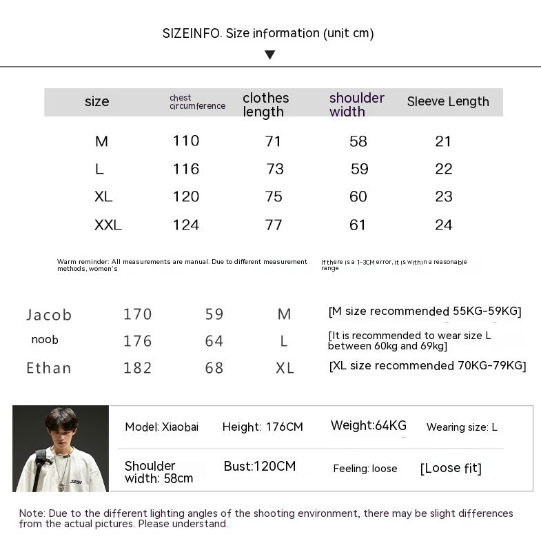 Waffle knit T-shirt size chart (M to 2XL).