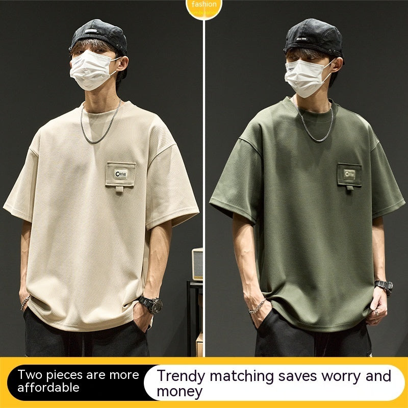 Two models wearing waffle knit T-shirt — olive and beige colors, side by side.