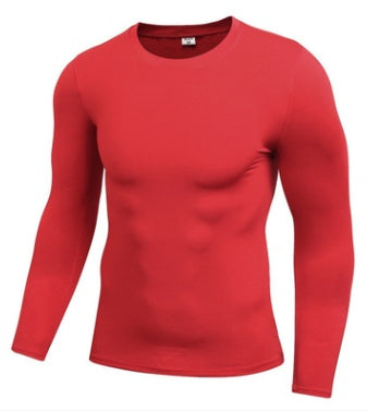 Men’s red long sleeve compression top — athletic gym wear for training and running.