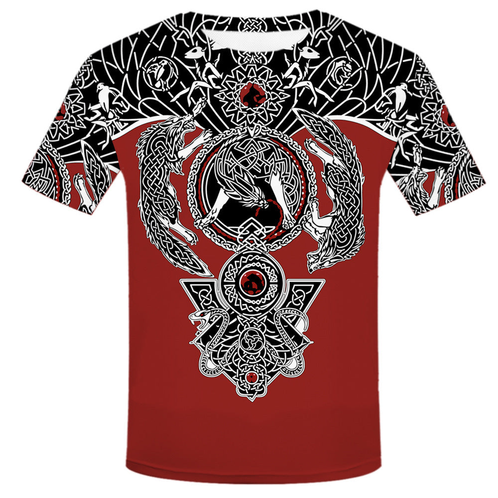 Red Viking T-shirt with warrior symbol print, men's Norse fashion.