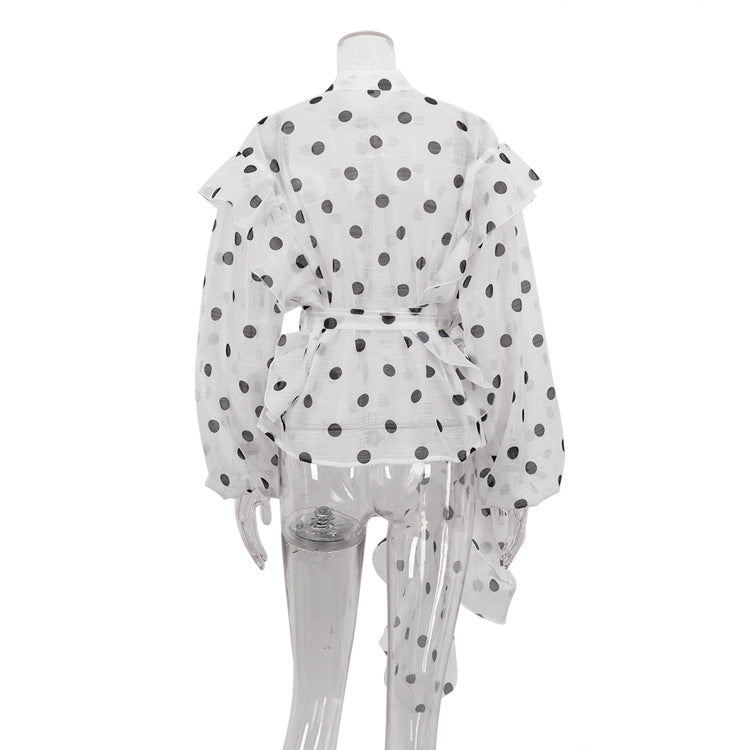 Elegant white shawl with black polka dots, soft lightweight fabric, trendy and stylish women's fashion accessory
