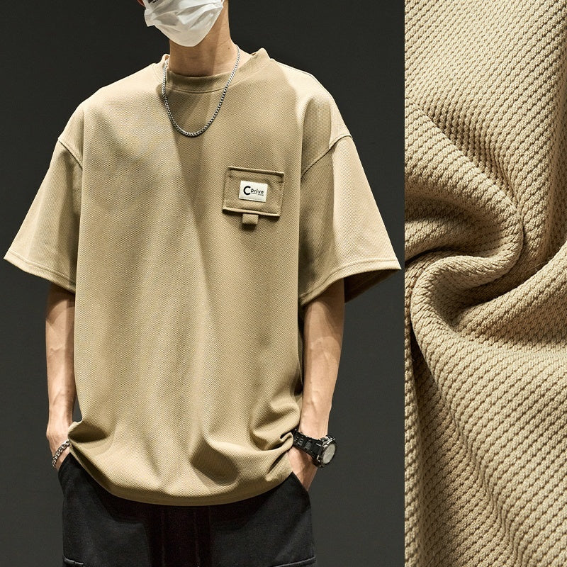 Waffle knit oversized T-shirt — model wearing beige color.