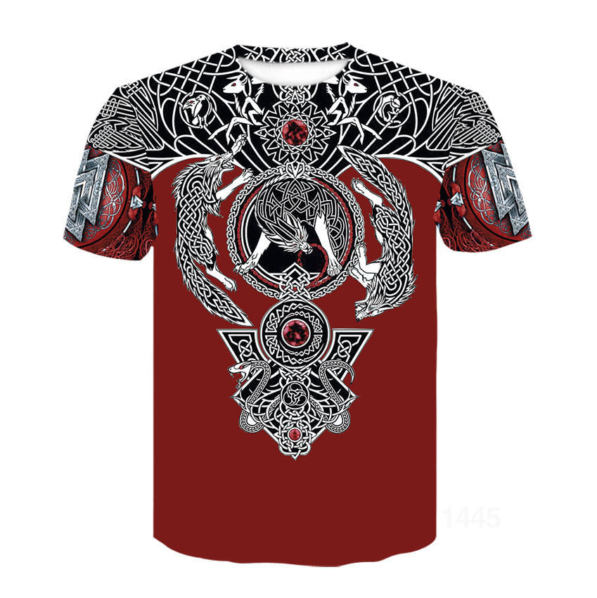 Red Viking T-shirt with skull warrior design, men's bold fashion.