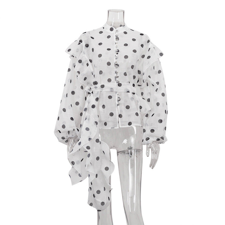 Elegant white shawl with black polka dots, soft lightweight fabric, trendy and stylish women's fashion accessory