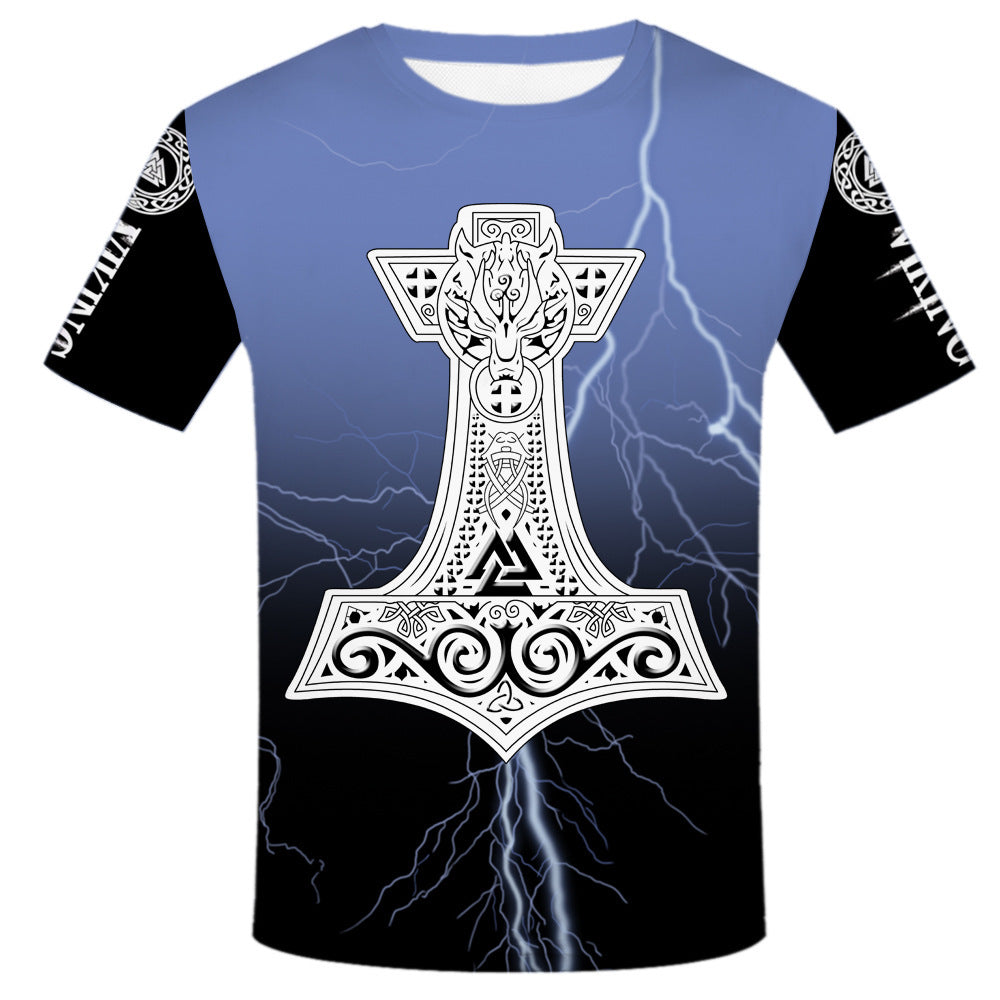 Blue Viking tattoo t-shirt for men – warrior helmet print, round neck sports style