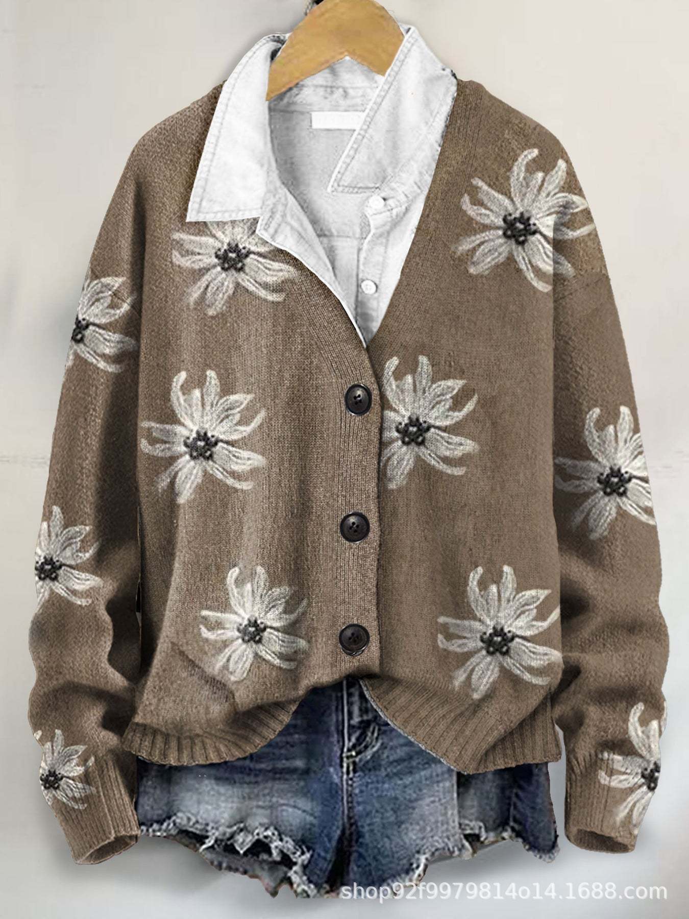 Brown 3D floral print coat for women – soft and warm autumn winter outerwear.