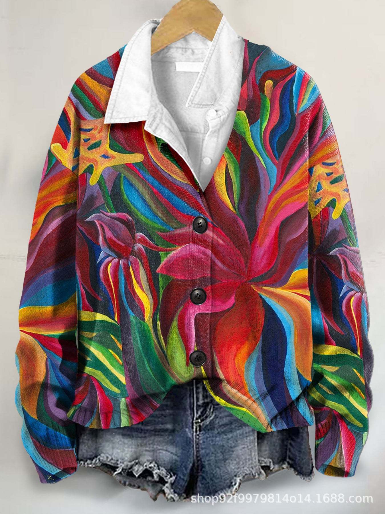 Colorful multicolor 3D print coat for women – trendy warm jacket for autumn and winter.