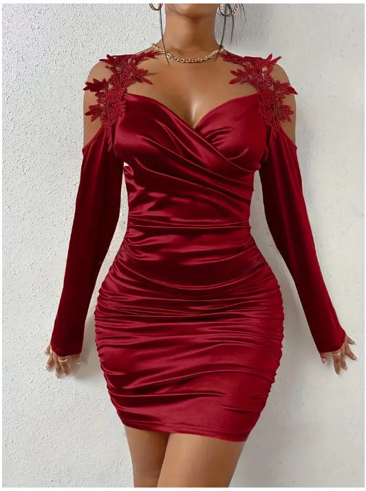 Elegant satin lace bodycon dress for women in Red color — classic party and evening wear.