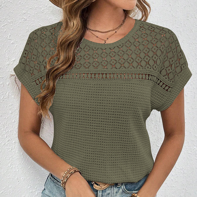 Womens Summer Dressy Casual Short Sleeve Lace Crewneck T Shirt Hollow Out Loose Blouses