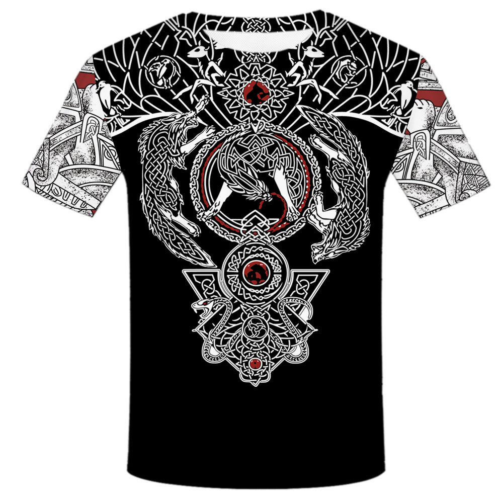Black Viking tattoo t-shirt – red tribal cross print, 3D digital printed design