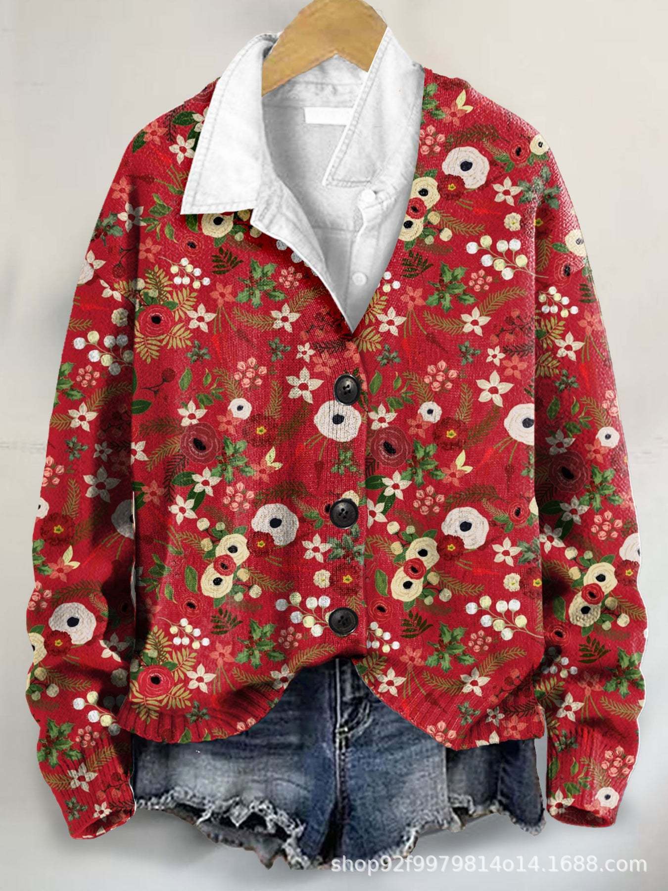 Red 3D floral print coat for women – cozy and fashionable winter jacket.