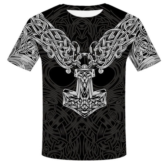 Black Viking tattoo t-shirt for men – 3D printed cross design, round neck short sleeve