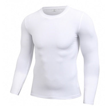 Men’s white long sleeve compression shirt for gym, workout, and running.
