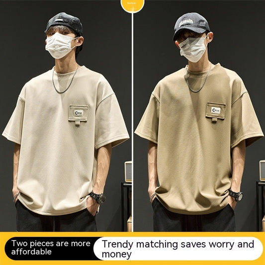 Men’s waffle knit oversized T-shirt in beige — front view.
