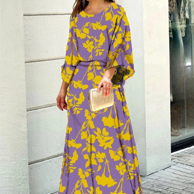 2pcs Women's Dress Suits Fashion Loose Printed Long Sleeve Top And High Waist Long Skirt - MH TRENDS & STYLES