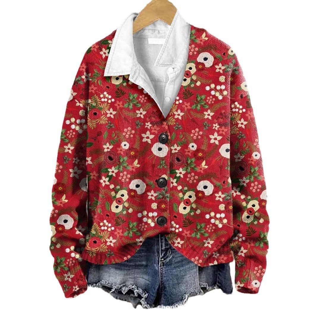Red 3D floral print coat for women – cozy and fashionable winter jacket.
