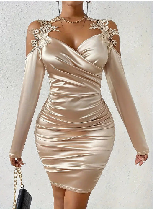 Women’s elegant satin lace dress in cream gold — evening and party wear style.

