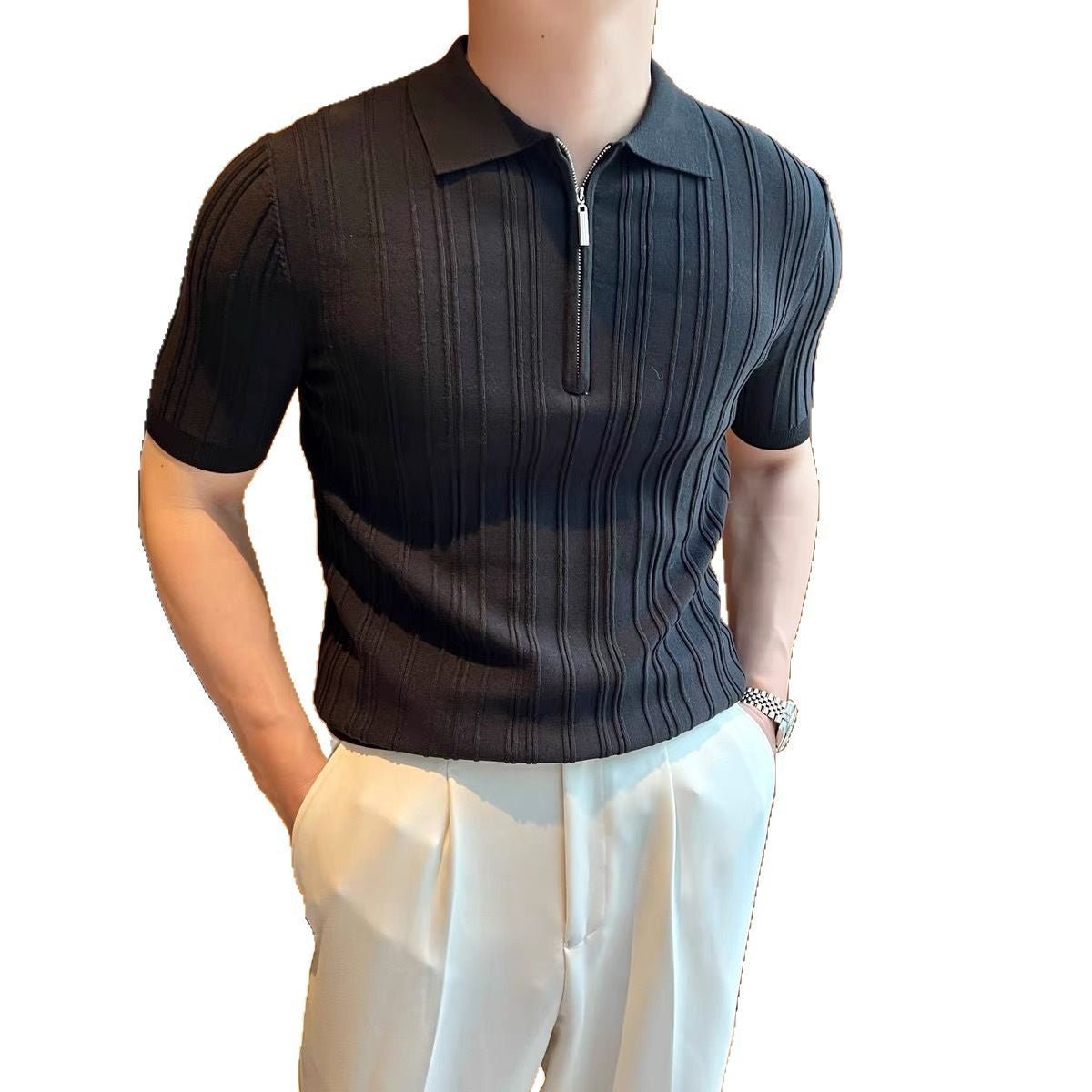 Casual Zipper Short Sleeve Men's Retro Elegant Jacquard Lapel - MH TRENDS & STYLES