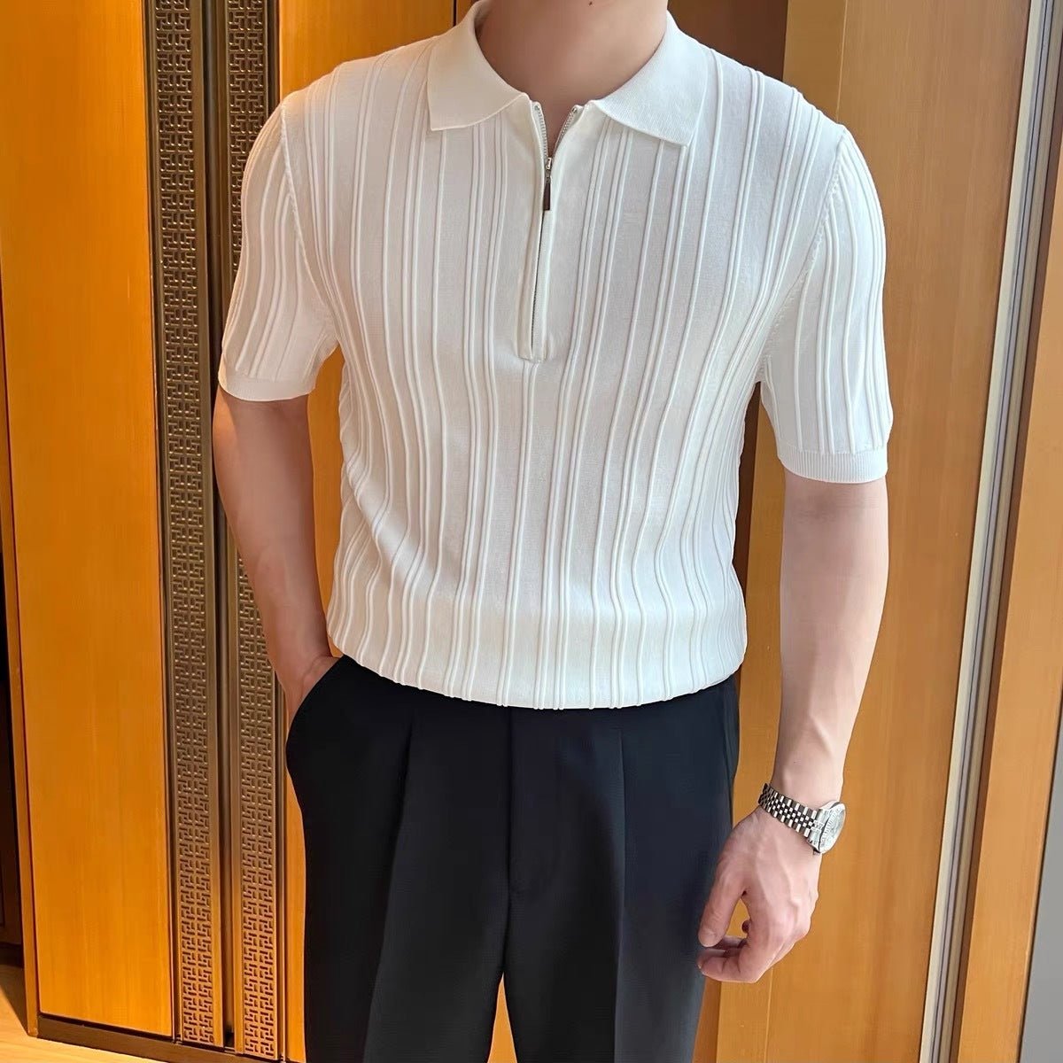 Casual Zipper Short Sleeve Men's Retro Elegant Jacquard Lapel - MH TRENDS & STYLES