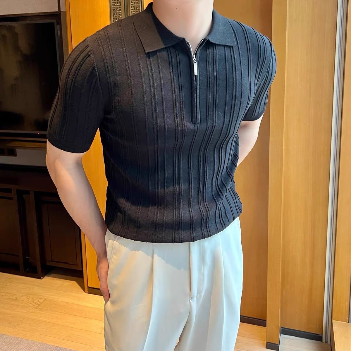 Casual Zipper Short Sleeve Men's Retro Elegant Jacquard Lapel - MH TRENDS & STYLES