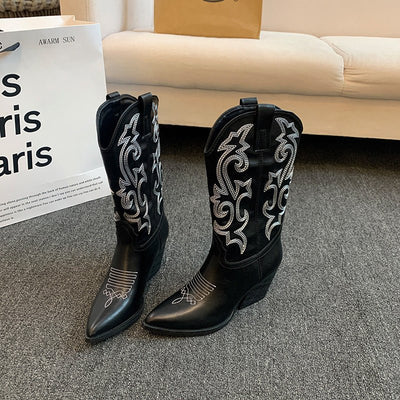 Embroidered Mid - calf Retro Cowboy Boot Women - MH TRENDS & STYLES