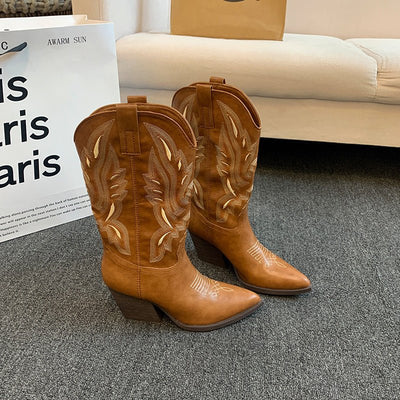 Embroidered Mid - calf Retro Cowboy Boot Women - MH TRENDS & STYLES