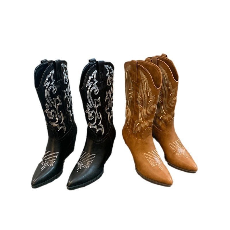 Embroidered Mid - calf Retro Cowboy Boot Women - MH TRENDS & STYLES