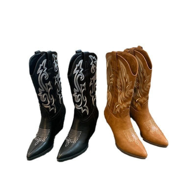 Embroidered Mid - calf Retro Cowboy Boot Women - MH TRENDS & STYLES