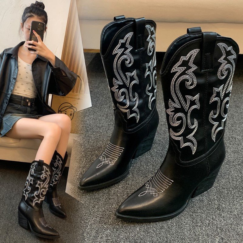 Embroidered Mid - calf Retro Cowboy Boot Women - MH TRENDS & STYLES
