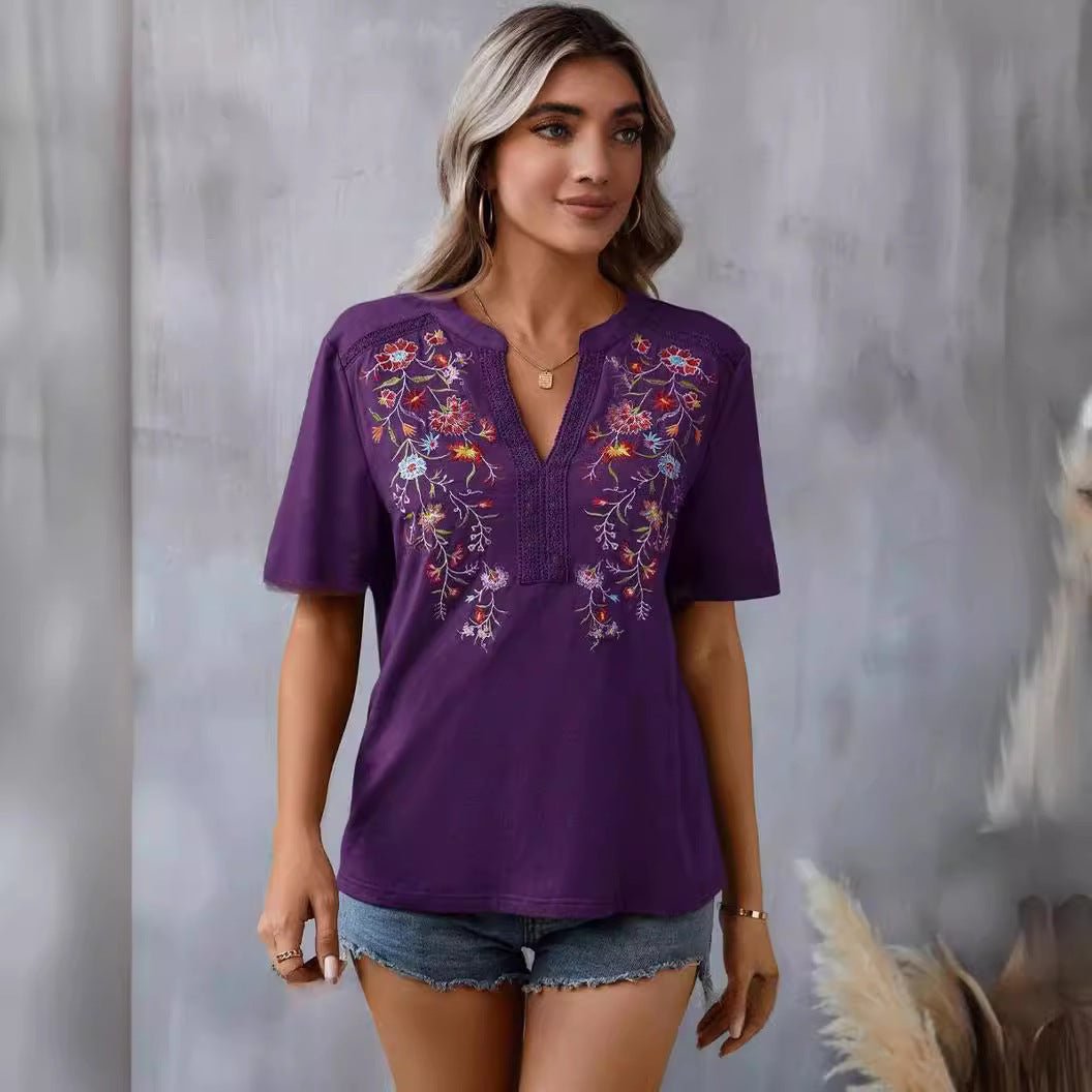 Fashion Flowers Embroidery Short Sleeve T-shirt Summer Stitching Lace - collared Blouse Womens Clothing - MH TRENDS & STYLES
