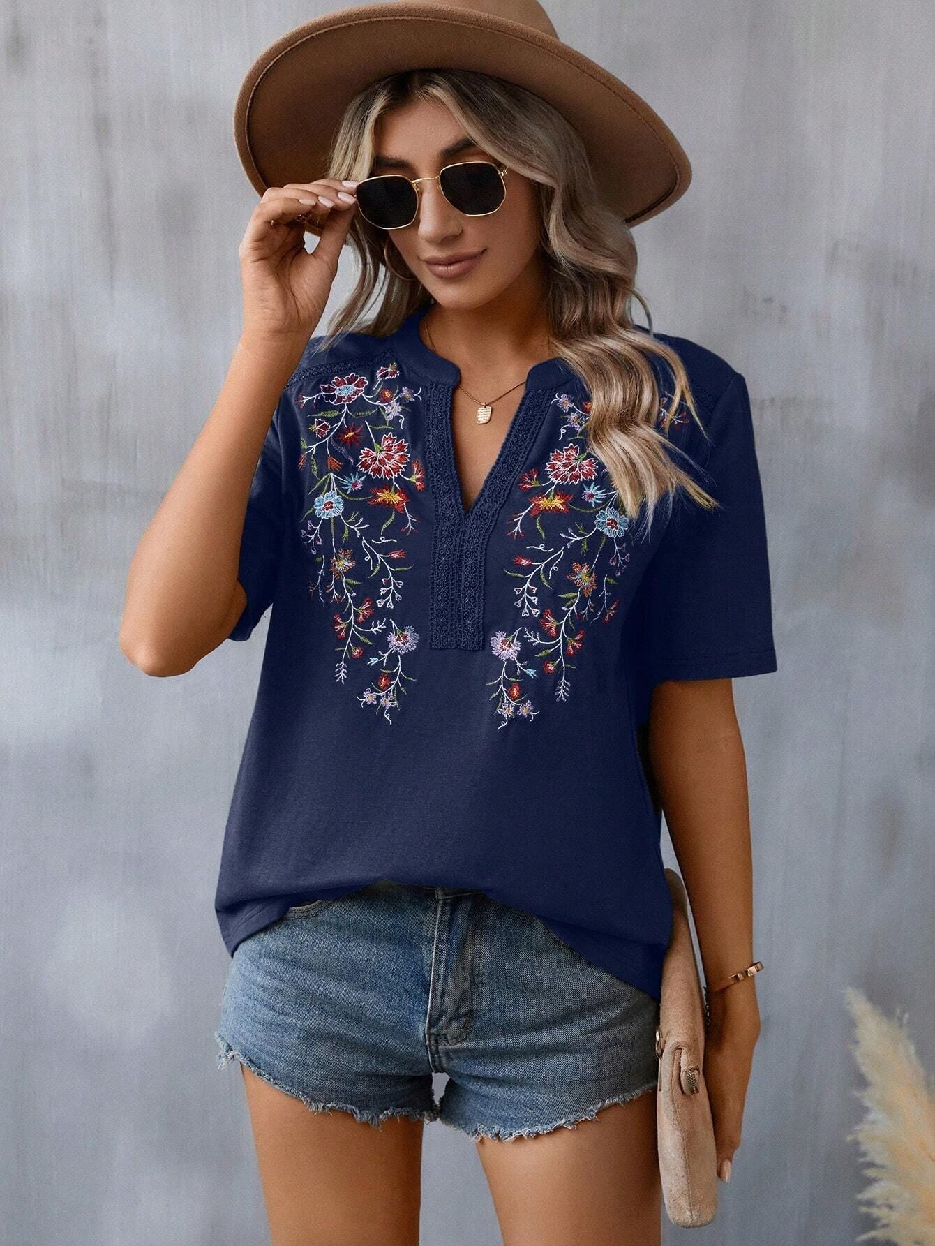Fashion Flowers Embroidery Short Sleeve T-shirt Summer Stitching Lace - collared Blouse Womens Clothing - MH TRENDS & STYLES