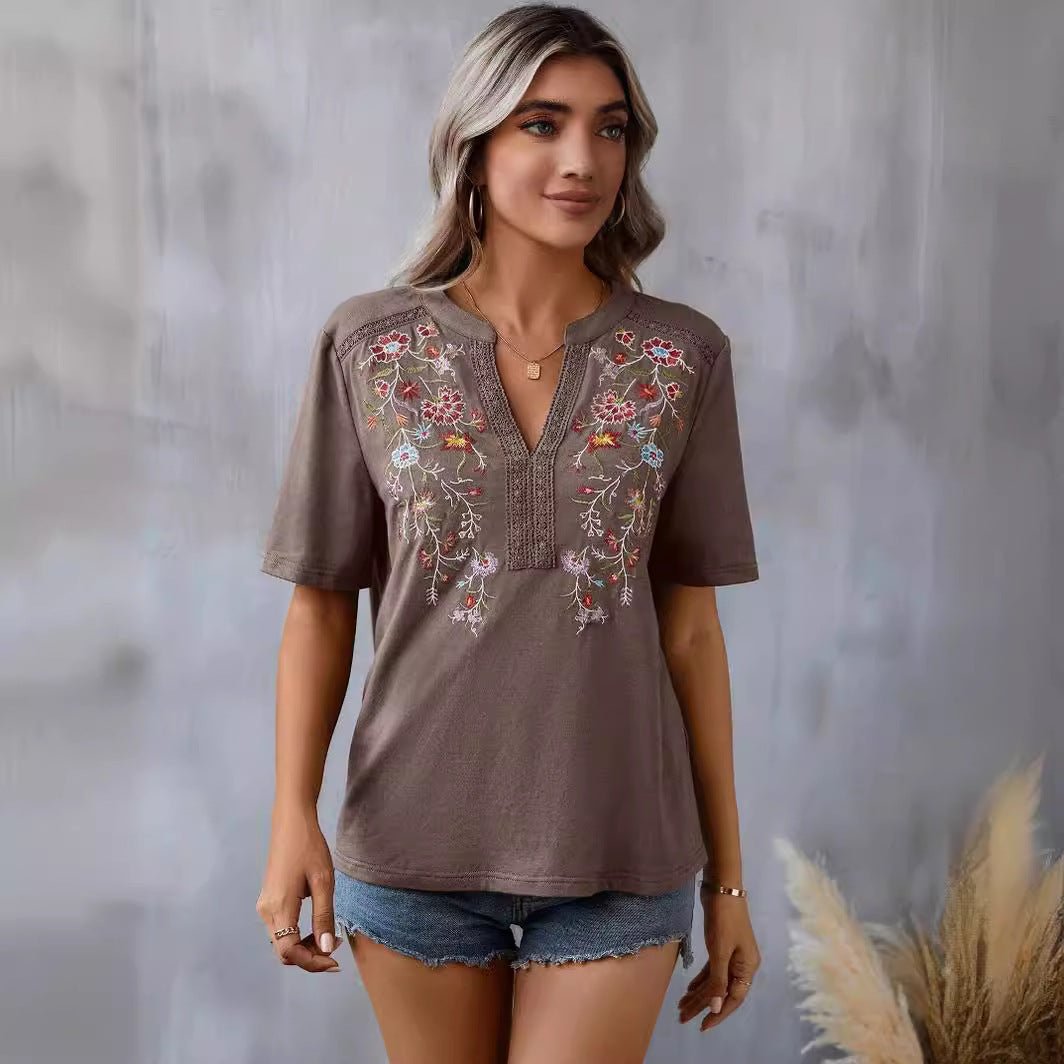 Fashion Flowers Embroidery Short Sleeve T-shirt Summer Stitching Lace - collared Blouse Womens Clothing - MH TRENDS & STYLES