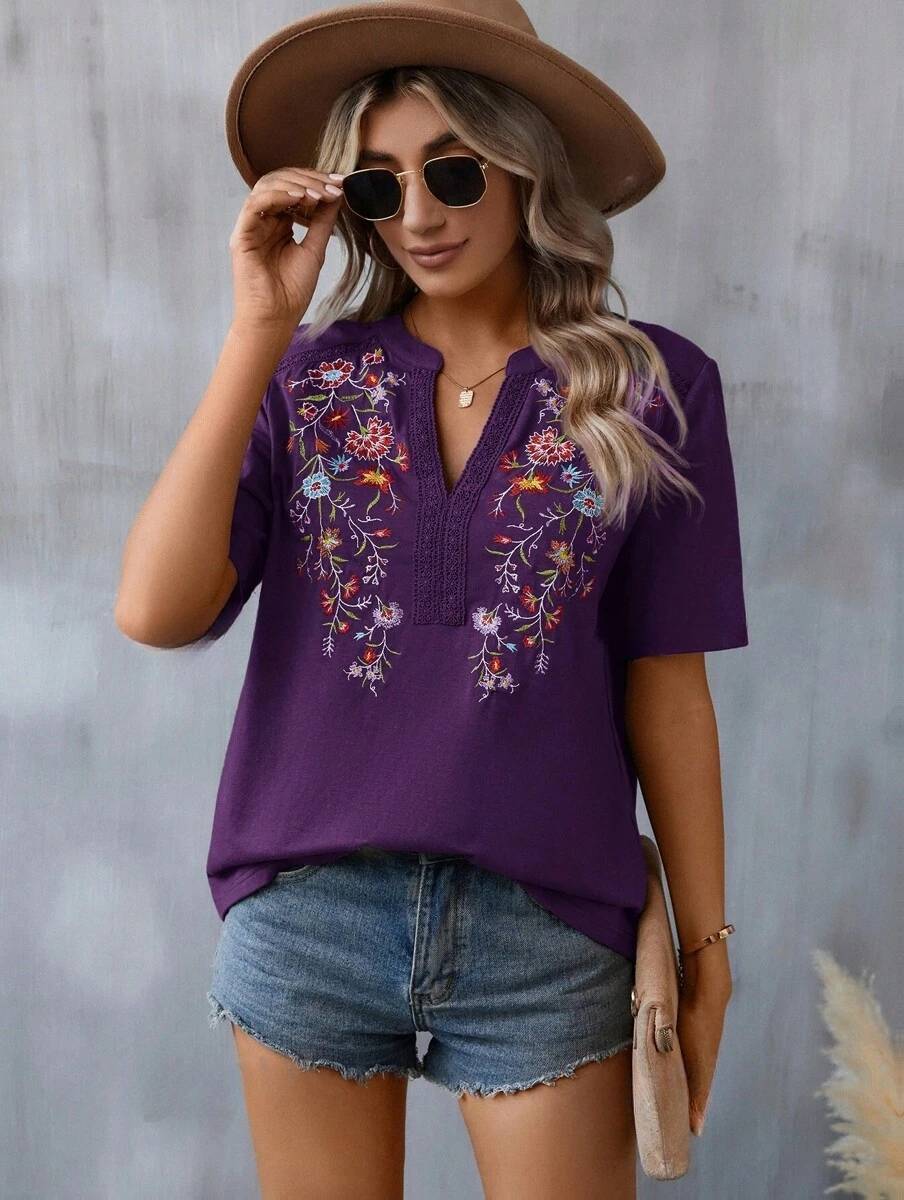 Fashion Flowers Embroidery Short Sleeve T-shirt Summer Stitching Lace - collared Blouse Womens Clothing - MH TRENDS & STYLES