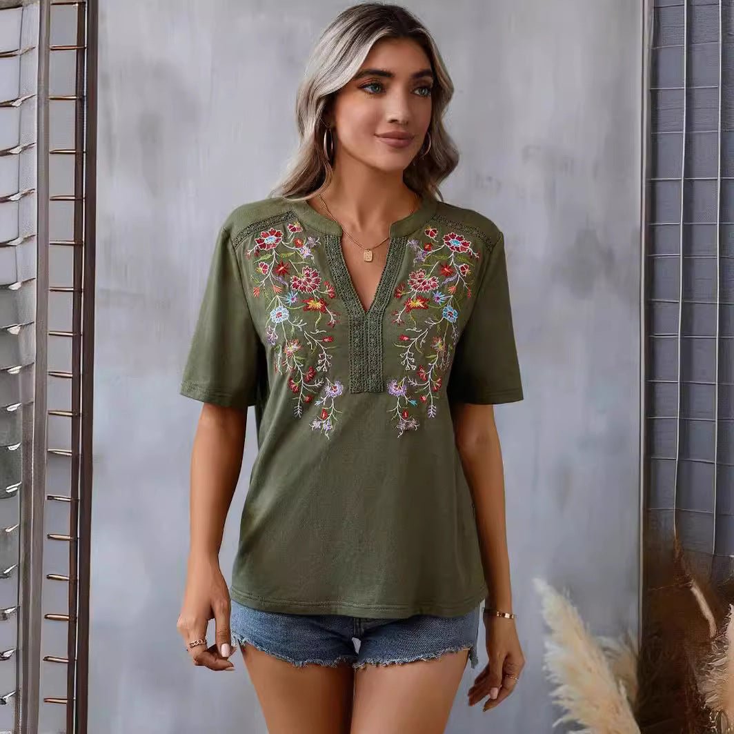 Fashion Flowers Embroidery Short Sleeve T-shirt Summer Stitching Lace - collared Blouse Womens Clothing - MH TRENDS & STYLES