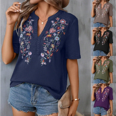 Fashion Flowers Embroidery Short Sleeve T-shirt Summer Stitching Lace - collared Blouse Womens Clothing - MH TRENDS & STYLES
