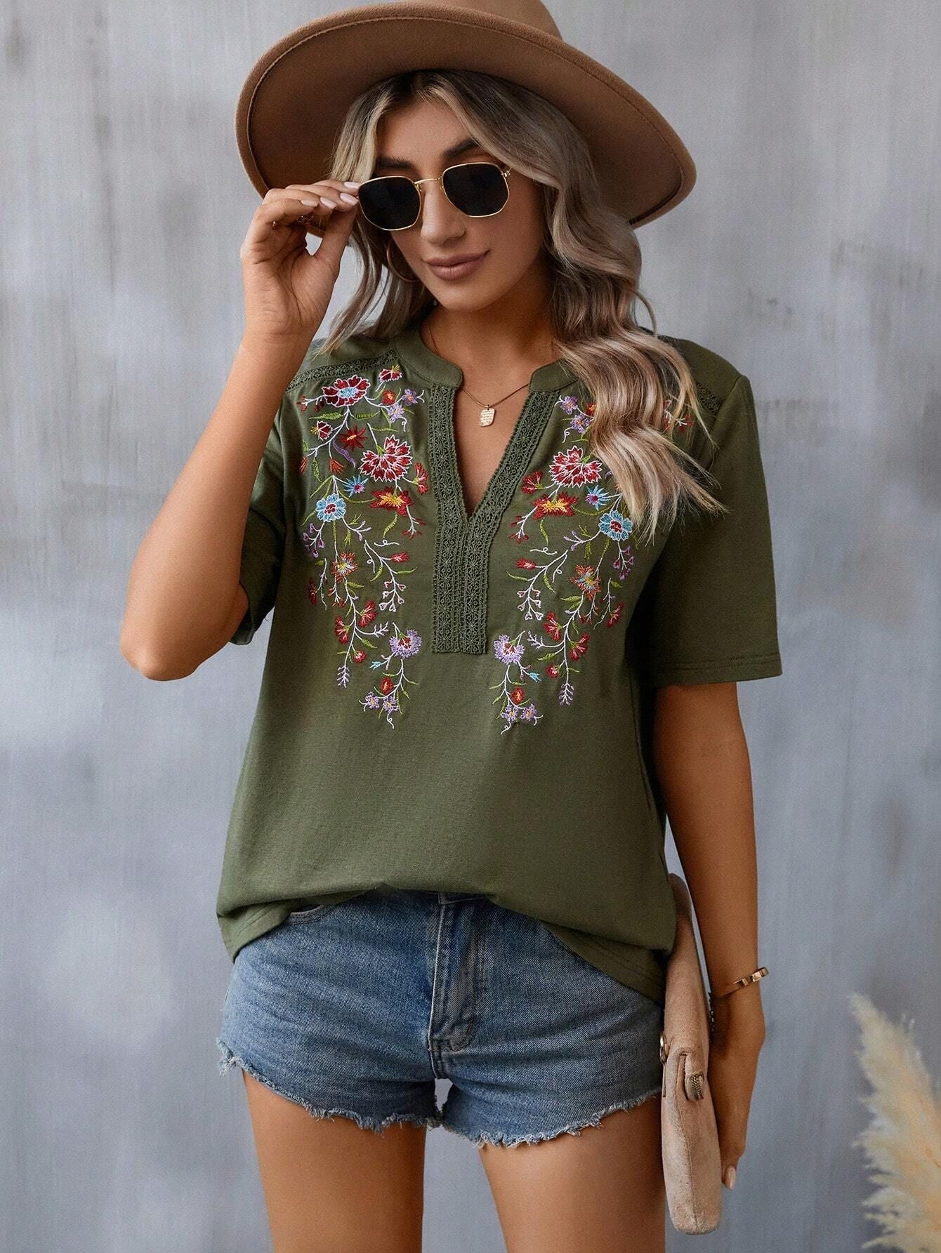Fashion Flowers Embroidery Short Sleeve T-shirt Summer Stitching Lace - collared Blouse Womens Clothing - MH TRENDS & STYLES