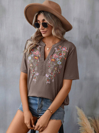 Fashion Flowers Embroidery Short Sleeve T-shirt Summer Stitching Lace - collared Blouse Womens Clothing - MH TRENDS & STYLES