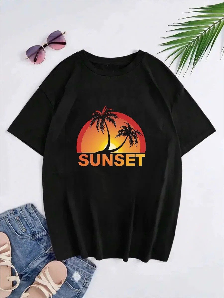 Hong Kong Style Sunset Pattern Printed Short - sleeved T-shirt - MH TRENDS & STYLES