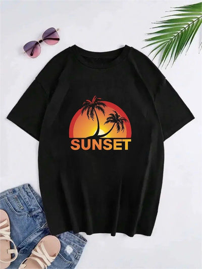 Hong Kong Style Sunset Pattern Printed Short - sleeved T-shirt - MH TRENDS & STYLES