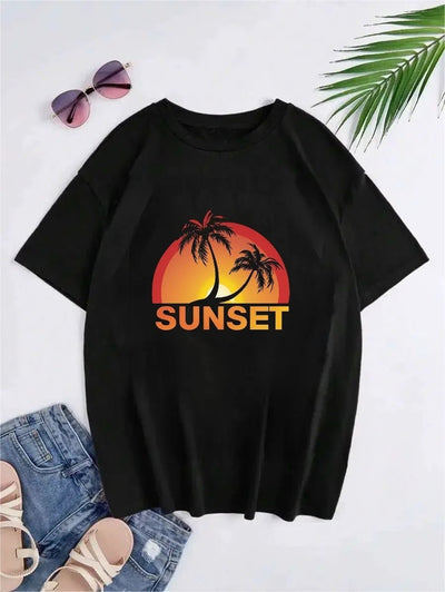 Hong Kong Style Sunset Pattern Printed Short - sleeved T-shirt - MH TRENDS & STYLES