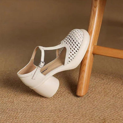 New Summer Soft Leather Roman Platform Mary Jane Shoes Hollow High Heel Pumps - MH TRENDS & STYLES