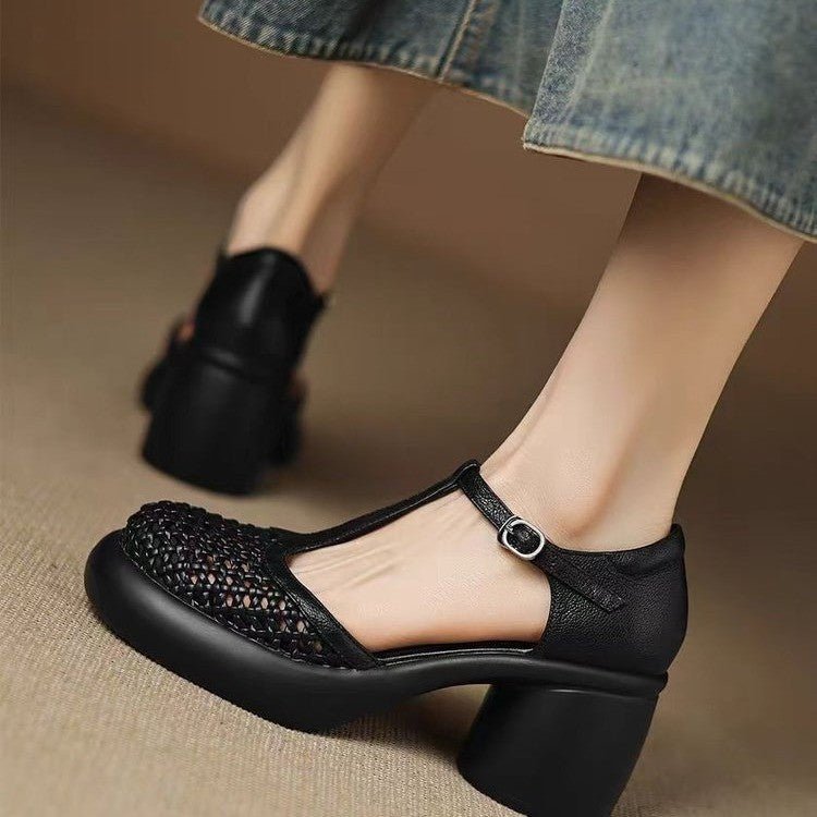 New Summer Soft Leather Roman Platform Mary Jane Shoes Hollow High Heel Pumps - MH TRENDS & STYLES