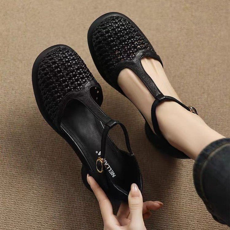 New Summer Soft Leather Roman Platform Mary Jane Shoes Hollow High Heel Pumps - MH TRENDS & STYLES