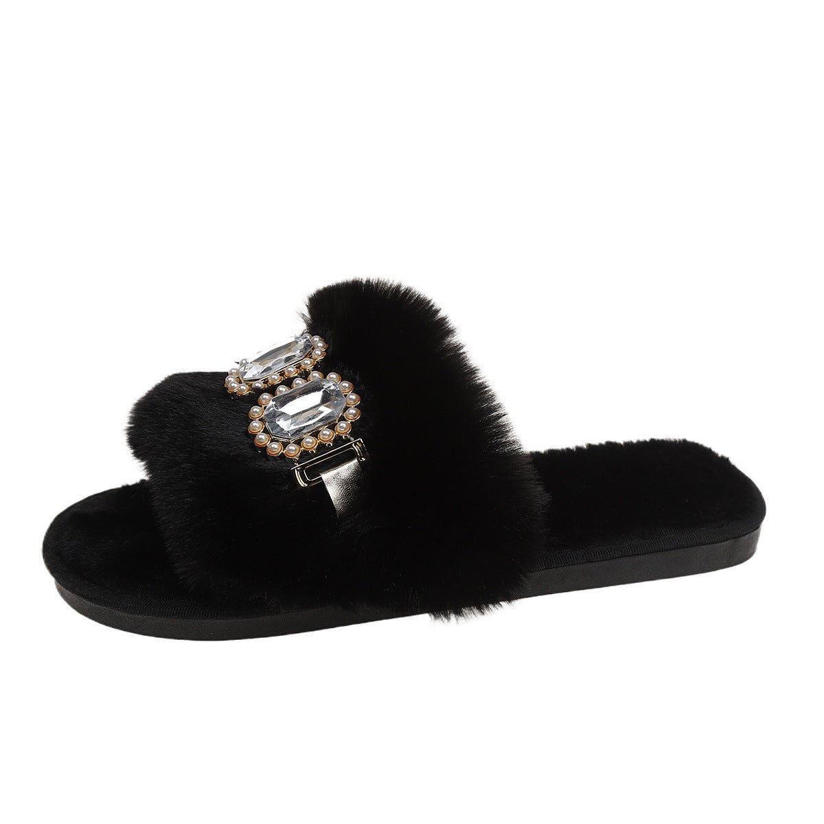 Pearl Rhinestone Chain Fluffy Slippers Women's Fashion Home Warm Flat Heel - MH TRENDS & STYLES