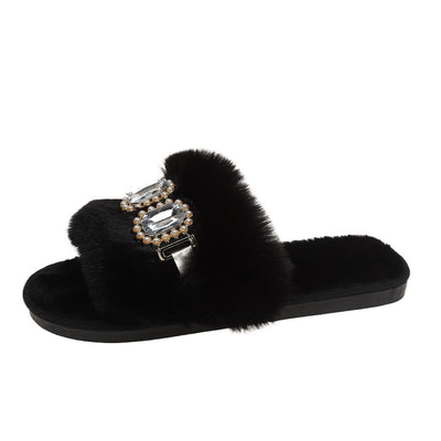 Pearl Rhinestone Chain Fluffy Slippers Women's Fashion Home Warm Flat Heel - MH TRENDS & STYLES