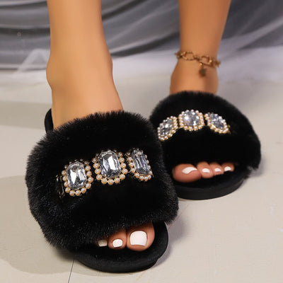 Pearl Rhinestone Chain Fluffy Slippers Women's Fashion Home Warm Flat Heel - MH TRENDS & STYLES