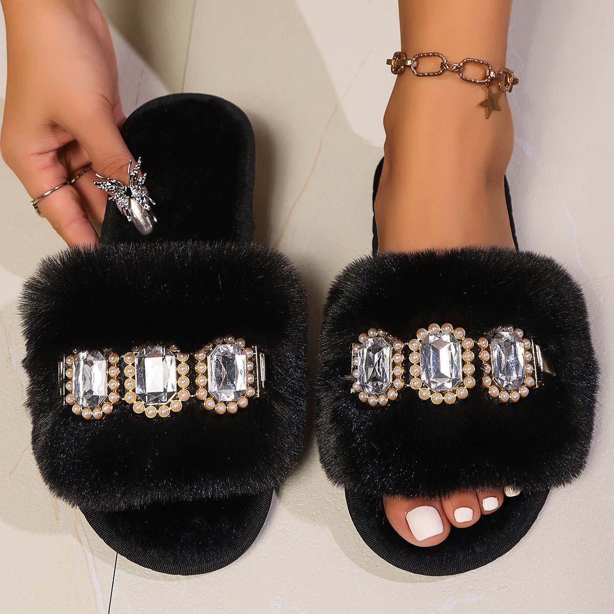 Pearl Rhinestone Chain Fluffy Slippers Women's Fashion Home Warm Flat Heel - MH TRENDS & STYLES