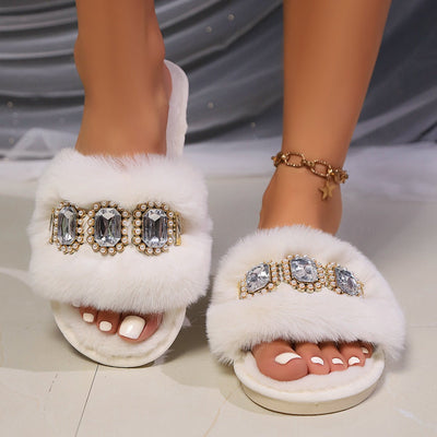 Pearl Rhinestone Chain Fluffy Slippers Women's Fashion Home Warm Flat Heel - MH TRENDS & STYLES
